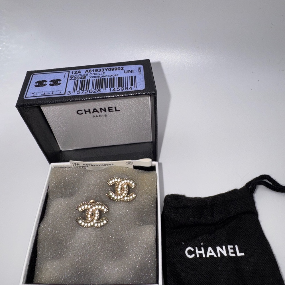 Chanel CC Gold Faux Pearl Earrings